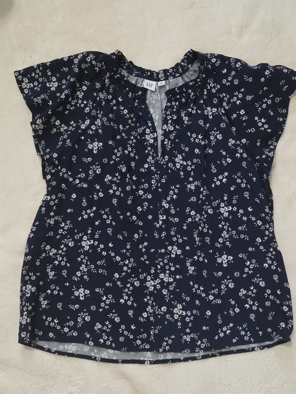 GAP Navy and White Floral Short-Sleeve Peasant Top
